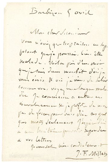 MILLET JEAN-FRANÇOIS (1814-1875). L.A.S. «J.F. Millet», Barbizon 5 avril; 1 page...