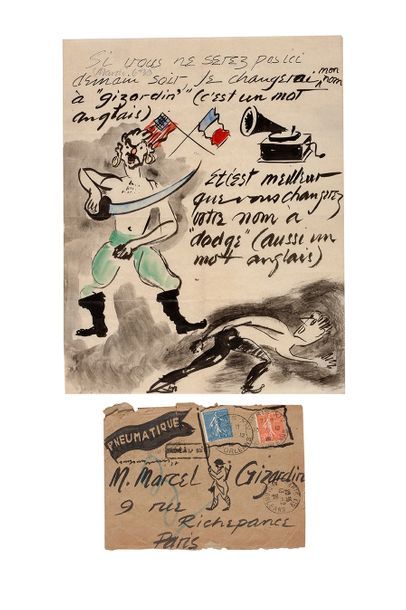 CALDER ALEXANDER (1898-1976). Lettre autographe avec grand DESSIN aquarellé, [Paris...