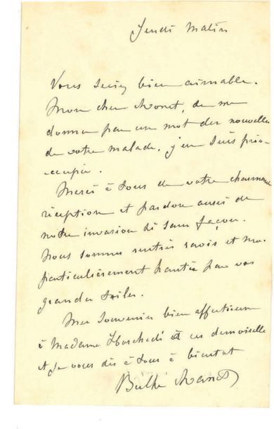 MORISOT BERTHE (1841-1895). 2 L.A.S. «Berthe Manet», 1886, à Claude MONET; 2 pages...