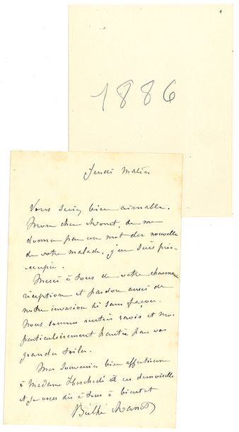 MORISOT BERTHE (1841-1895). 2 L.A.S. «Berthe Manet», 1886, à Claude MONET; 2 pages...
