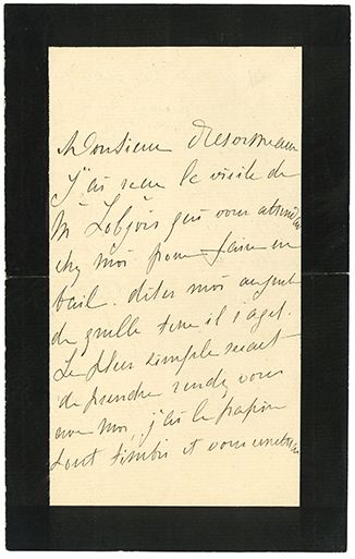 MORISOT BERTHE (1841-1895). L.A.S. «B Manet», à M. DESORMEAUX; 2 pages in-8 (deuil).

Elle...