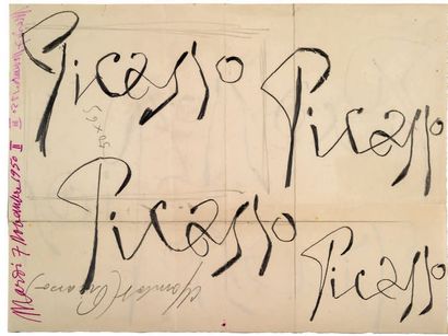 PICASSO Pablo (1881-1973). ESSAIS DE SIGNATURES autographes, 7 novembre 1950; crayon...