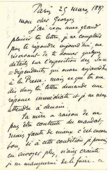 PISSARRO CAMILLE (1831-1903). L.A.S. «C. Pissarro», Paris 25 mars 1887, à son fils...