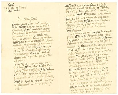 PISSARRO CAMILLE (1831-1903). L.A.S. «C. Pissarro», «Paris 204 rue de Rivoli» 5 octobre...