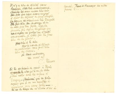 PISSARRO CAMILLE (1831-1903). L.A.S. «C. Pissarro», «Paris 204 rue de Rivoli» 5 octobre...