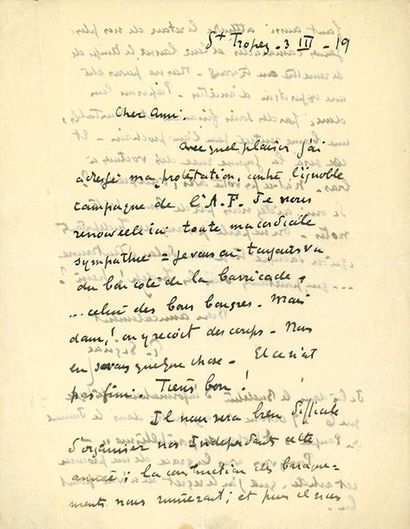 SIGNAC PAUL (1863-1935). L.A.S. «P. Signac», Saint-Tropez 3 mars 1919, à Louis VAUXCELLES;...