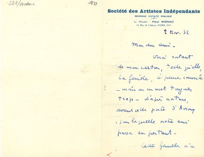 SIGNAC PAUL (1863-1935). L.A.S. «Paul Signac», Paris 2 novembre 1932, [à Henri MARTINEAU];...