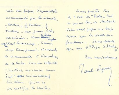 SIGNAC PAUL (1863-1935). L.A.S. «Paul Signac», Paris 2 novembre 1932, [à Henri MARTINEAU];...