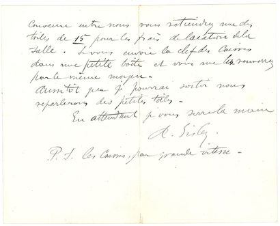 SISLEY ALFRED (1839-1899). L.A.S. «A. Sisley», Moret s/Loing 30 novembre 1897, à...