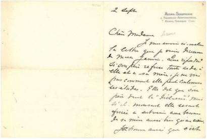 CASSATT MARY (1844-1926). L.A.S. «Mary Cassatt», Mesnil-Beaufresne 2 septembre [vers...