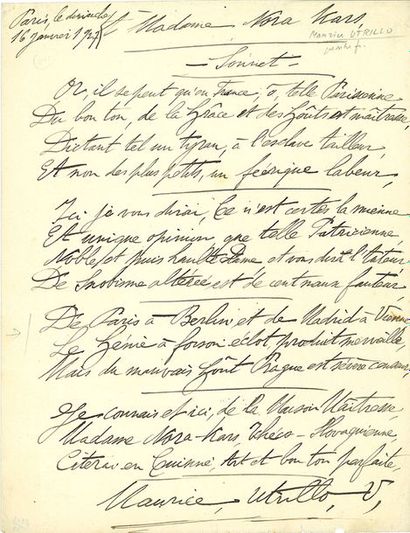 UTRILLO MAURICE (1883-1955). POÈME autographe signé «Maurice Utrillo V», À Madame...