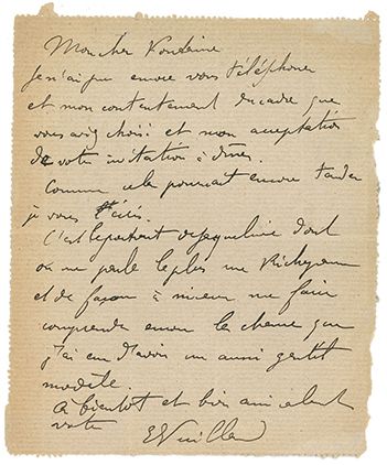 VUILLARD Edouard (1868-1940). L.A.S. «EVuillard», [Paris 16 avril 1912], à Arthur...