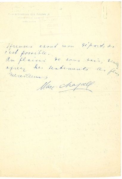 CHAGALL MARC (1887-1985). L.A.S. «Marc Chagall», Paris 30 janvier 1931, à l'éditeur...