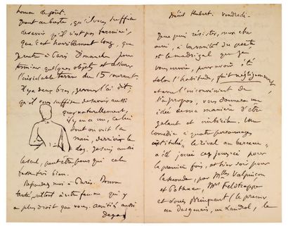 DEGAS EDGAR (1834-1917). L.A.S. «Degas» avec DESSIN, Ménil Hubert Vendredi [3 octobre...
