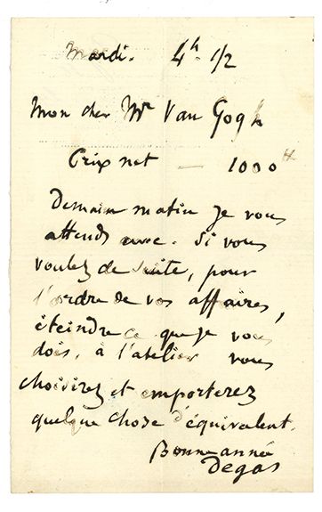 DEGAS EDGAR (1834-1917). L.A.S. «Degas», Mardi, à Théo VAN GOGH; 1 page in-8.

Au...