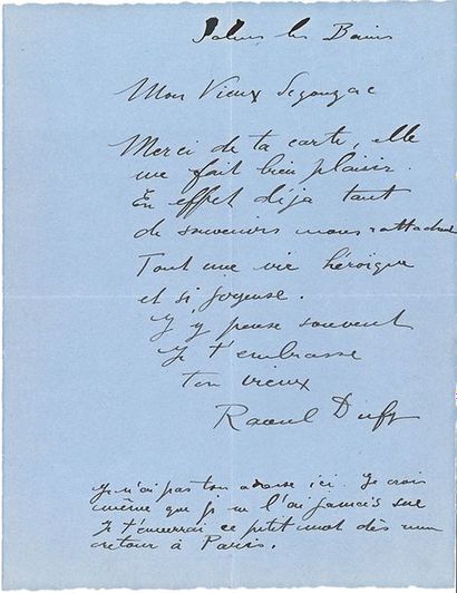 DUFY RAOUL (1877-1953). L.A.S. «Raoul Dufy», Salins-les-Bains [mai 1939], à André...