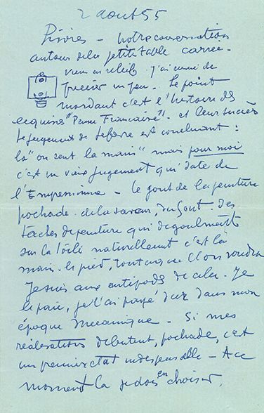 LÉGER FERNAND (1881-1955). L.A.S. «FLeger» avec CrOqUIS, 2 août 1955; 3 pages in-8...