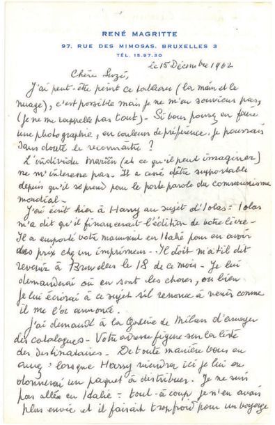 MAGRITTE RENÉ (1898-1967). L.A.S. «RM» avec 2 DESSINS, Bruxelles 15 décembre 1962,...