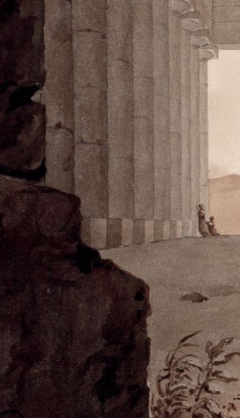 JOSEPH FRÉDÉRIC DEBACQ Vue du temple de Segeste
Lavis noir et brun sur traits à la...