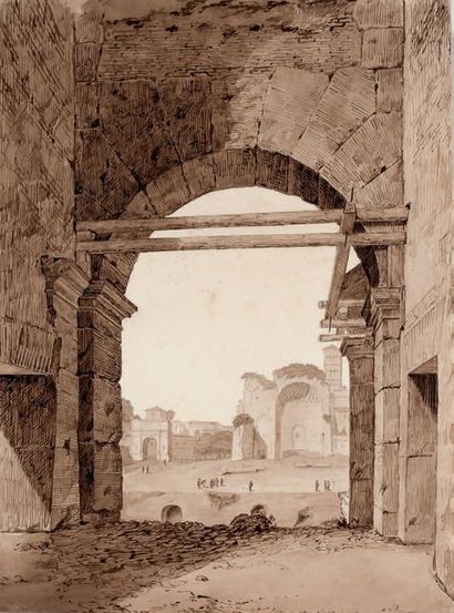 JOSEPH FRÉDÉRIC DEBACQ Temple de Vénus à Rome, et Arc de Titus vus du 1er étage du...