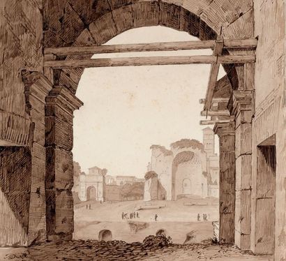JOSEPH FRÉDÉRIC DEBACQ Temple de Vénus à Rome, et Arc de Titus vus du 1er étage du...