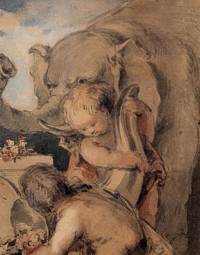 Jacob de WIT (Amsterdam 1695 - 1754) 
Quatre putti et un éléphant
Plume et encre...