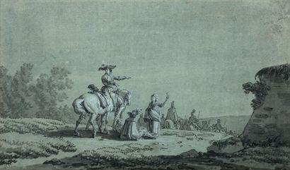 Attribué à JEAN-BAPTISTE LE PRINCE (METZ 1734 - 1781) 
Scène avec des cavaliers
Pierre...
