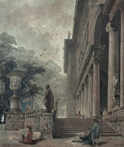 D'après Hubert ROBERT Dessinateur dans les jardins et la colonnade du palais Médicis
Aquatinte
27...