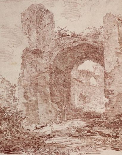 Hubert ROBERT (Paris 1733 - 1808) 
Bergers dans les ruines des thermes de Caracalla
Sanguine
42...