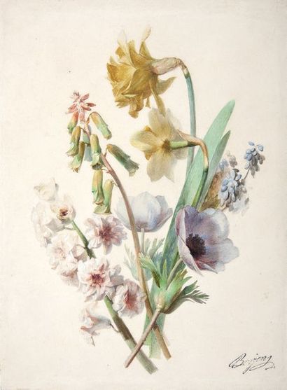 Antoine BERJON (Lyon 1754 - 1843) 
Bouquet de fleurs
Aquarelle
30 x 21,5 cm
Porte...