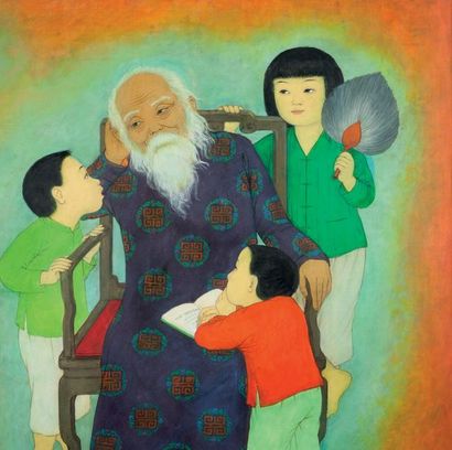 MAI TRUNG THU 梅忠恕 (1906-1980) 
Auprès du grand-père, 1974

Encre et couleurs sur...