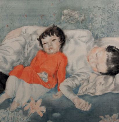 ALIX AYMÉ 阿利克 丝·埃梅 (1894-1989) 
Mère et enfants dans un jardin fleuri
Encre et couleurs...