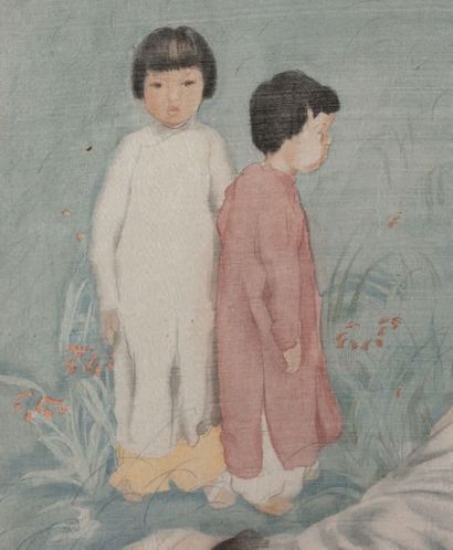 ALIX AYMÉ 阿利克 丝·埃梅 (1894-1989) 
Mère et enfants dans un jardin fleuri
Encre et couleurs...