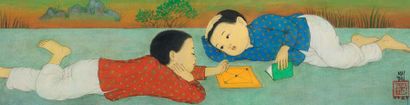MAI TRUNG THU 梅忠恕 (1906-1980) 
Deux enfants couchés, 1973
Encre et couleurs sur soie,...
