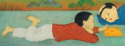 MAI TRUNG THU 梅忠恕 (1906-1980) 
Deux enfants couchés, 1973
Encre et couleurs sur soie,...