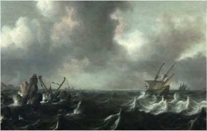 CLAES CLAESZ WOU (AMSTERDAM, 1592 - 1665) Marine agitée
Panneau de chêne, trois planches,...