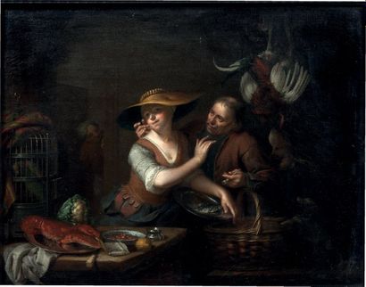 ATTRIBUÉ À CAREL DE MOOR (1655 - 1738) Le marchand de volailles amoureux
Panneau...