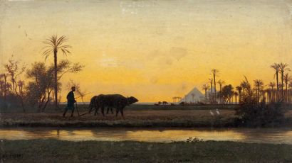 THÉODORE FRERE (PARIS 1814 - PARIS 1888) Vue d'Egypte, soleil couchant avec Pyramide...