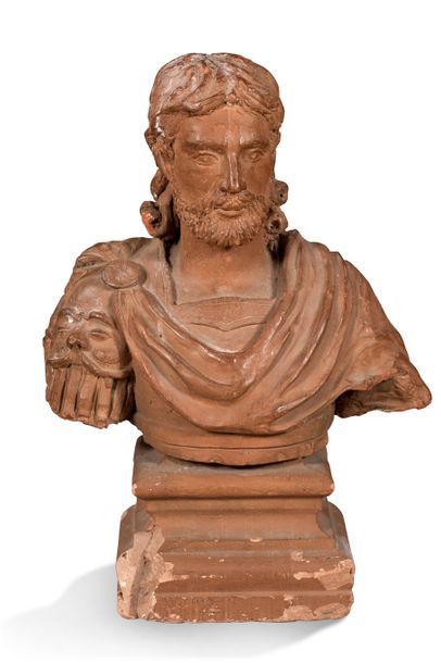 D'après l'Antique 
Buste d'empereur romain
Epreuve en terre cuite patinée. XIXe siècle
H:...