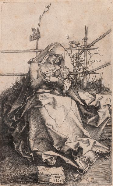 ALBRECHT DURER (1471 - 1528) D'APRÈS 
Vierge et enfant sur un banc d'herbe.
Gravure...