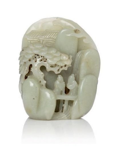 CHINE XXe siècle Galet en jade céladon, sculpté en forme de rocher de lettré, à décor...