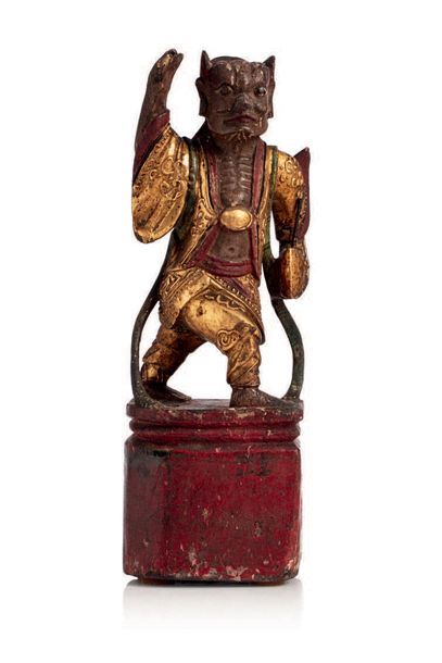 Chine XVIIe siècle Statuette en bois laqué et doré, représentant l'étoile Kui, dieu...