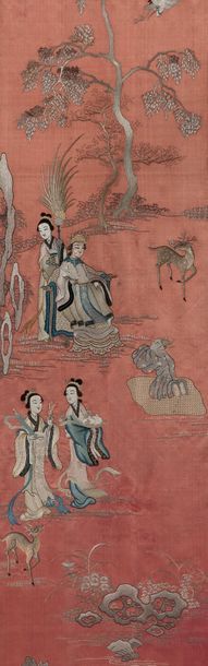 CHINE XXe siècle Grand panneau brodé sur soie corail à décor de déesses du printemps,...
