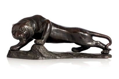 JAPON VERS 1920-1930 
Sujet en bronze représentant un tigre la tête baissée, passant.
L....