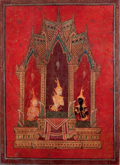 THAILANDE FIN XIXe SIÈCLE Lot comprenant trois peintures à l'encre et couleurs sur...