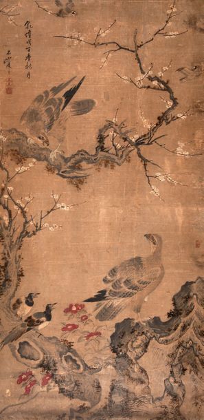 Chine XIXe siècle Peinture à l'encre et légère polychromie, représentant un rapace...