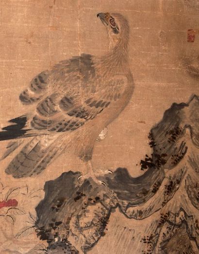 Chine XIXe siècle Peinture à l'encre et légère polychromie, représentant un rapace...