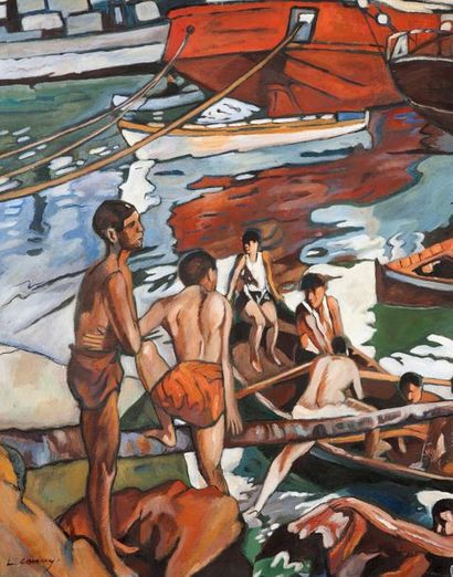 Léon CAUVY (1874-1933) 
Les jeunes garçons se baignant dans le port d'Alger
Huile...
