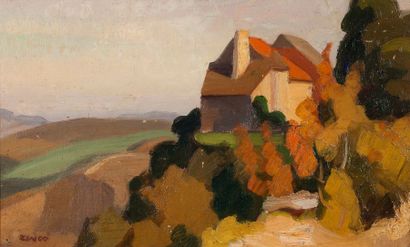 Jules ZINGG (1882-1942) 
Maisons sur la colline, temps d'automne
Huile sur panneau,...