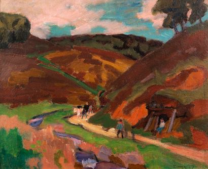 Jules ZINGG (1882-1942) 
Chemin d'automne, Vosges, 1917
Huile sur carton, signée...